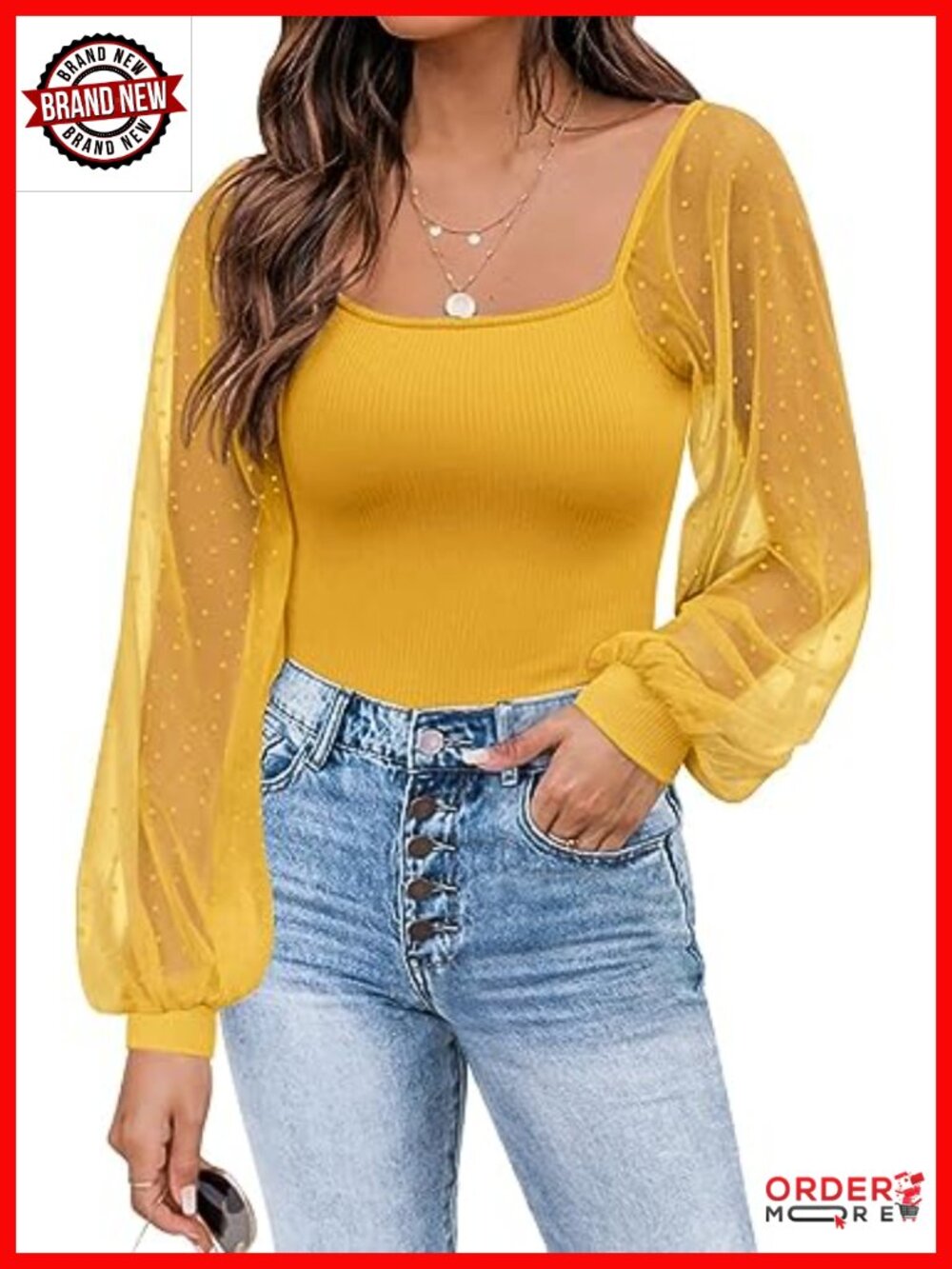 Women's Mesh Long Sleeve Square Neck Peasant Top
